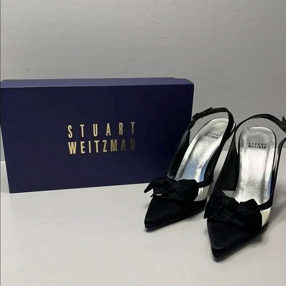 Stuart Weitzman Babe Black Satin Heels, size 8 slingback, bow front with mesh - Picture 2 of 12